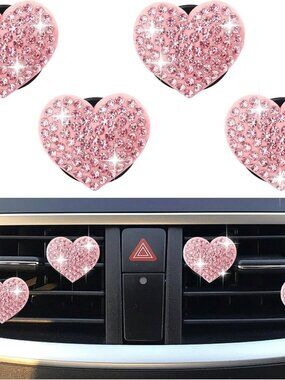 4 Car Bling Heart Vent Clips Pink Rhinestones Air Vent Clips